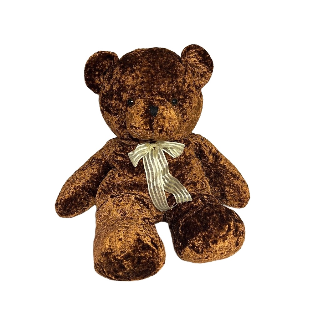 VTG Sears Teddy Bear Medium Stuffed Toy Brown Velvet Striped Ribbon Classic Cozy